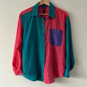 Freeze Frame Vintage 90s 100% Silk Colorful Button Down Blouse size large